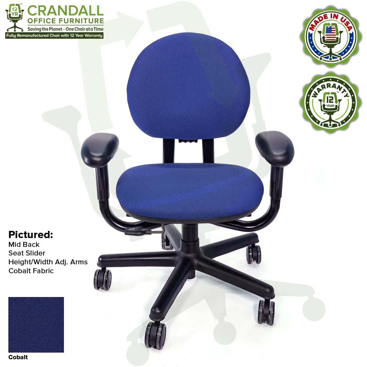 Crandall Office Furniture Remanufactured Steelcase Criterion Chair with 12 Year Warranty - 10 - Cobalt Fabric