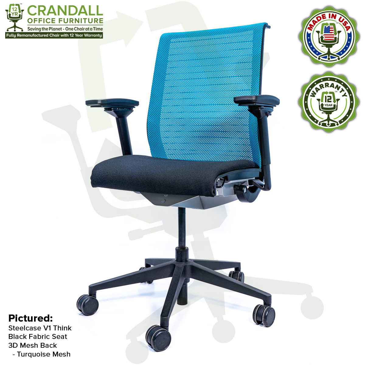 Crandall Office Furniture Remanufactured Steelcase Think Chair with 12 Year Warranty - Mesh - Turquoise