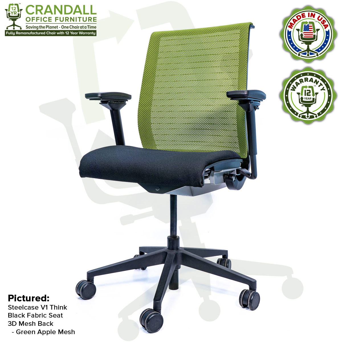 Crandall Office Furniture Remanufactured Steelcase Think Chair with 12 Year Warranty - Mesh - Green Apple