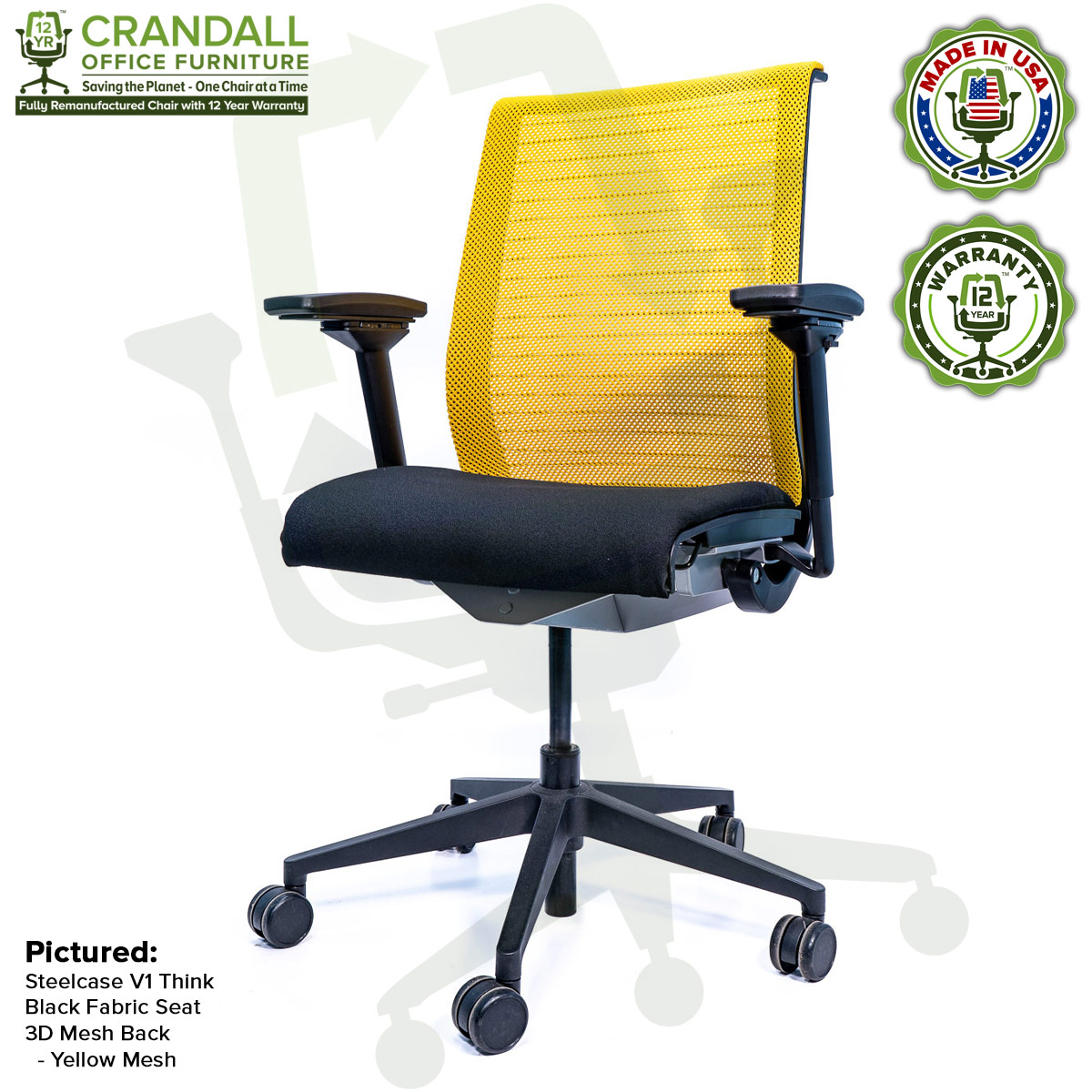 Crandall Office Furniture Remanufactured Steelcase Think Chair with 12 Year Warranty - Mesh - Yellow