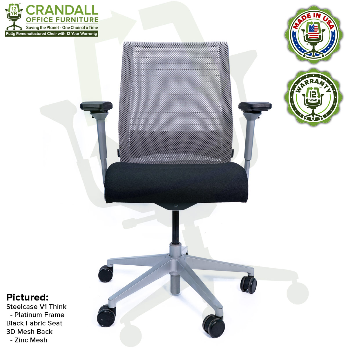 Crandall Office Furniture Remanufactured Steelcase Think Chair with 12 Year Warranty - Platinum Frame - 01