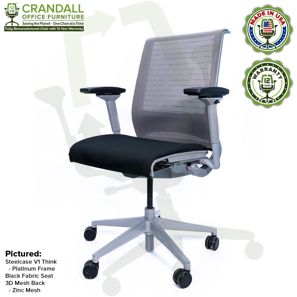Crandall Office Furniture Remanufactured Steelcase Think Chair with 12 Year Warranty - Platinum Frame - 03