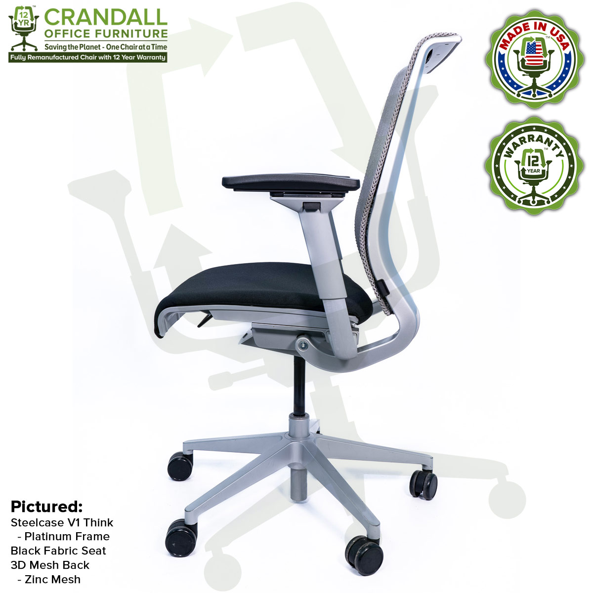 Crandall Office Furniture Remanufactured Steelcase Think Chair with 12 Year Warranty - Platinum Frame - 04