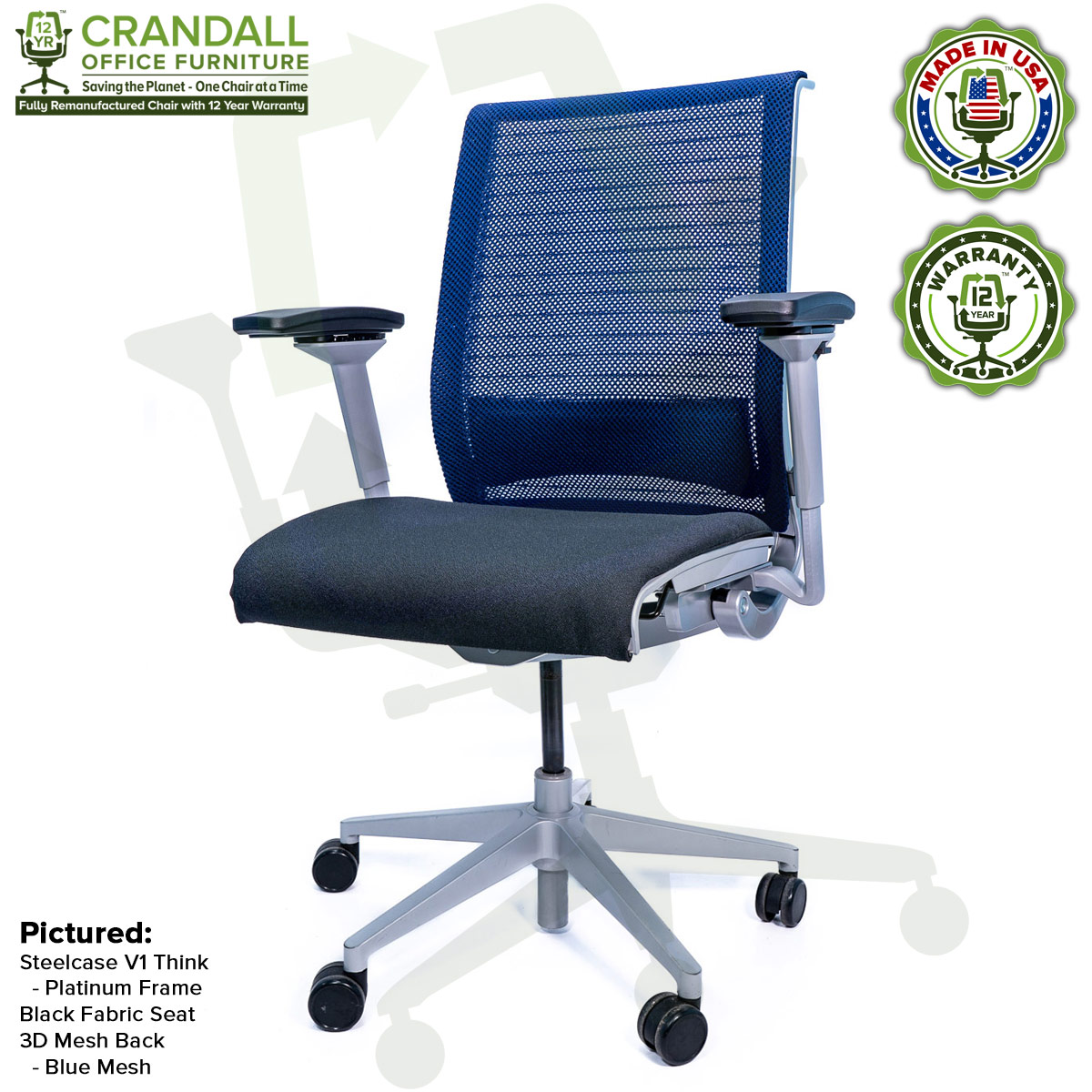 Crandall Office Furniture Remanufactured Steelcase Think Chair with 12 Year Warranty - Platinum Frame - Blue Mesh