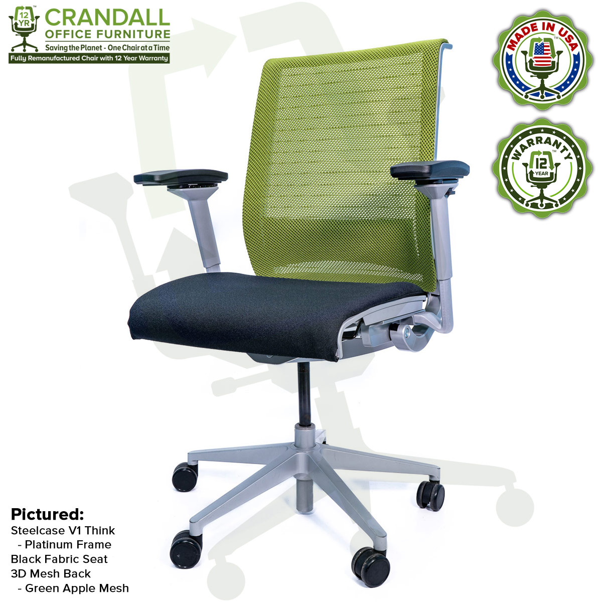 Crandall Office Furniture Remanufactured Steelcase Think Chair with 12 Year Warranty - Platinum Frame - Green Apple Mesh