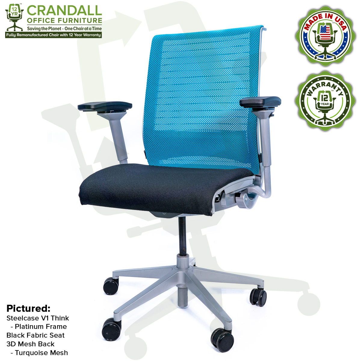 Crandall Office Furniture Remanufactured Steelcase Think Chair with 12 Year Warranty - Platinum Frame - Turquoise Mesh