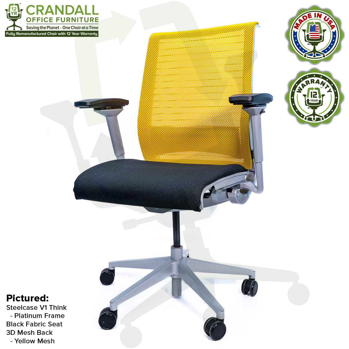 Crandall Office Furniture Remanufactured Steelcase Think Chair with 12 Year Warranty - Platinum Frame - Yellow Mesh