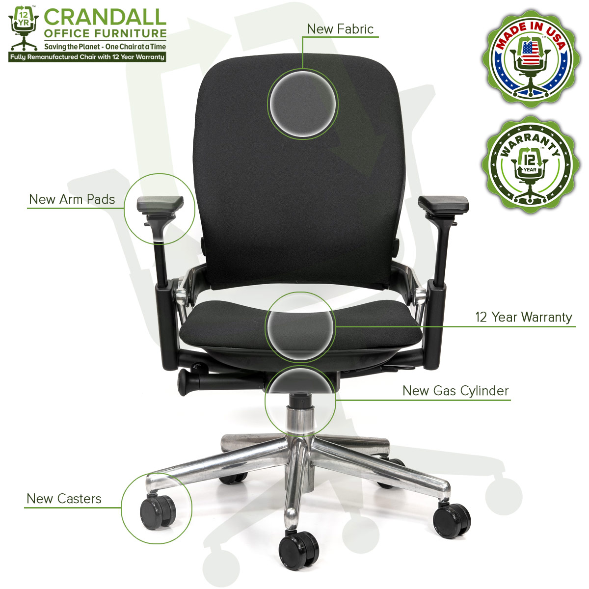 Crandall Office Furniture Remanufactured Steelcase V2 Leap Chair - Polished Aluminum Frame 06