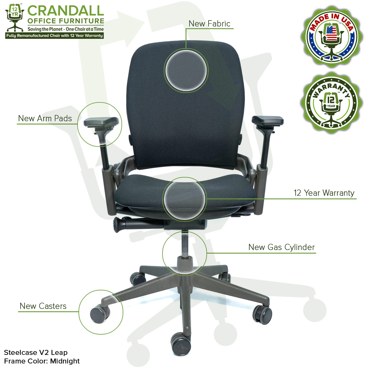 Crandall Office Furniture Remanufactured Steelcase V2 Leap Chair - Midnight Frame Features