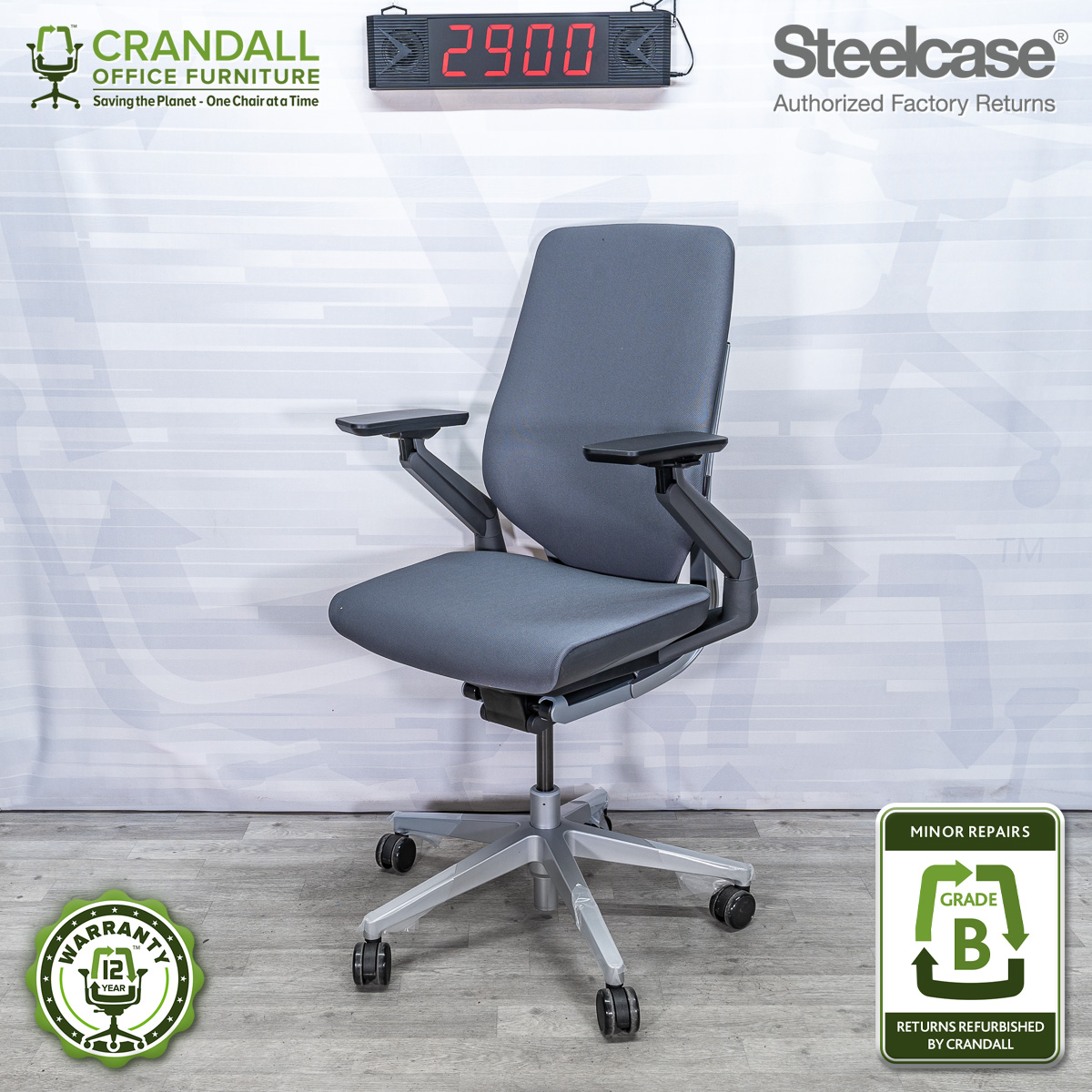 Steelcase Gesture Office Desk Chair with Headrest Plus Lumbar Support Cogent Connect Graphite 5S25 Fabric Low Black Frame Hard Floor Soft Caster Wheels 